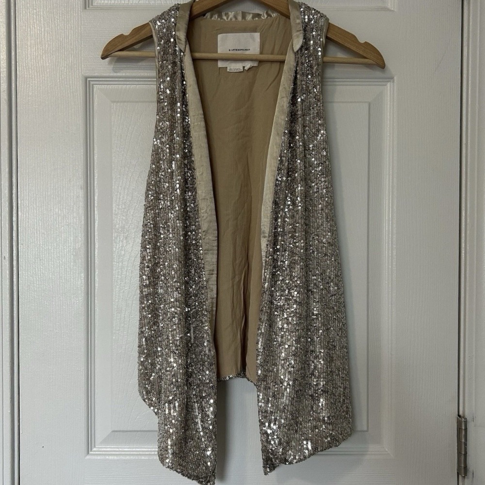 Anthropologie Champagne Color Sequin Open Front Cardigan‎ Vest Glam Outfit Style